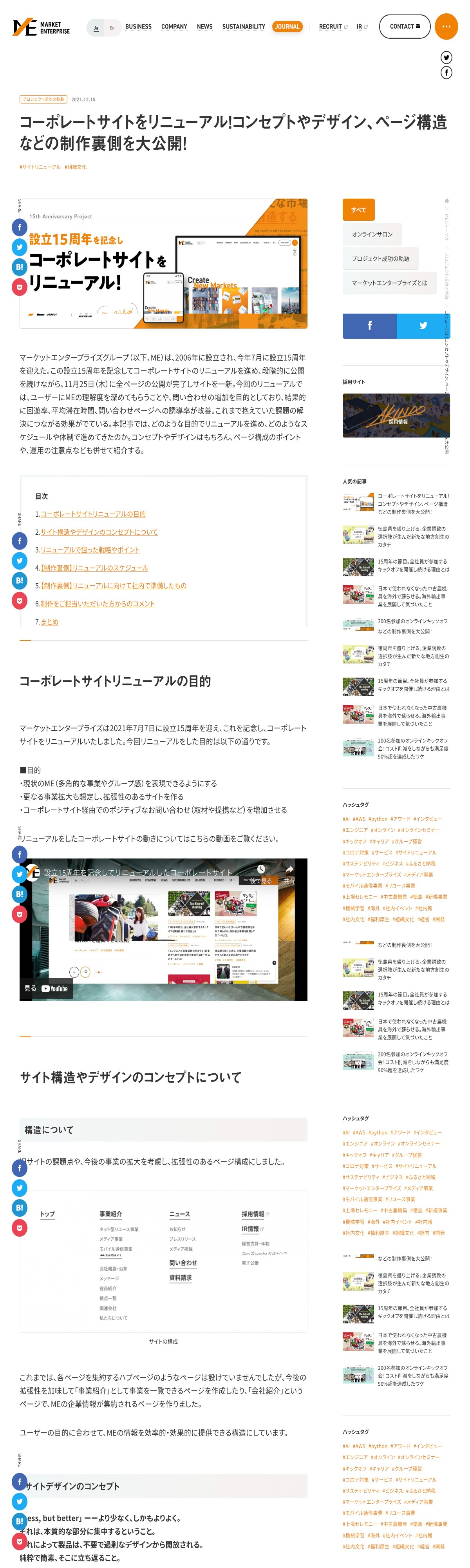 コーポレートサイトをリニューアル！コンセプトやデザイン、ページ構造などの制作裏側を大公開！｜プロジェクト成功の軌跡｜ジャーナル｜Market Enterprise | DRAWWWERS